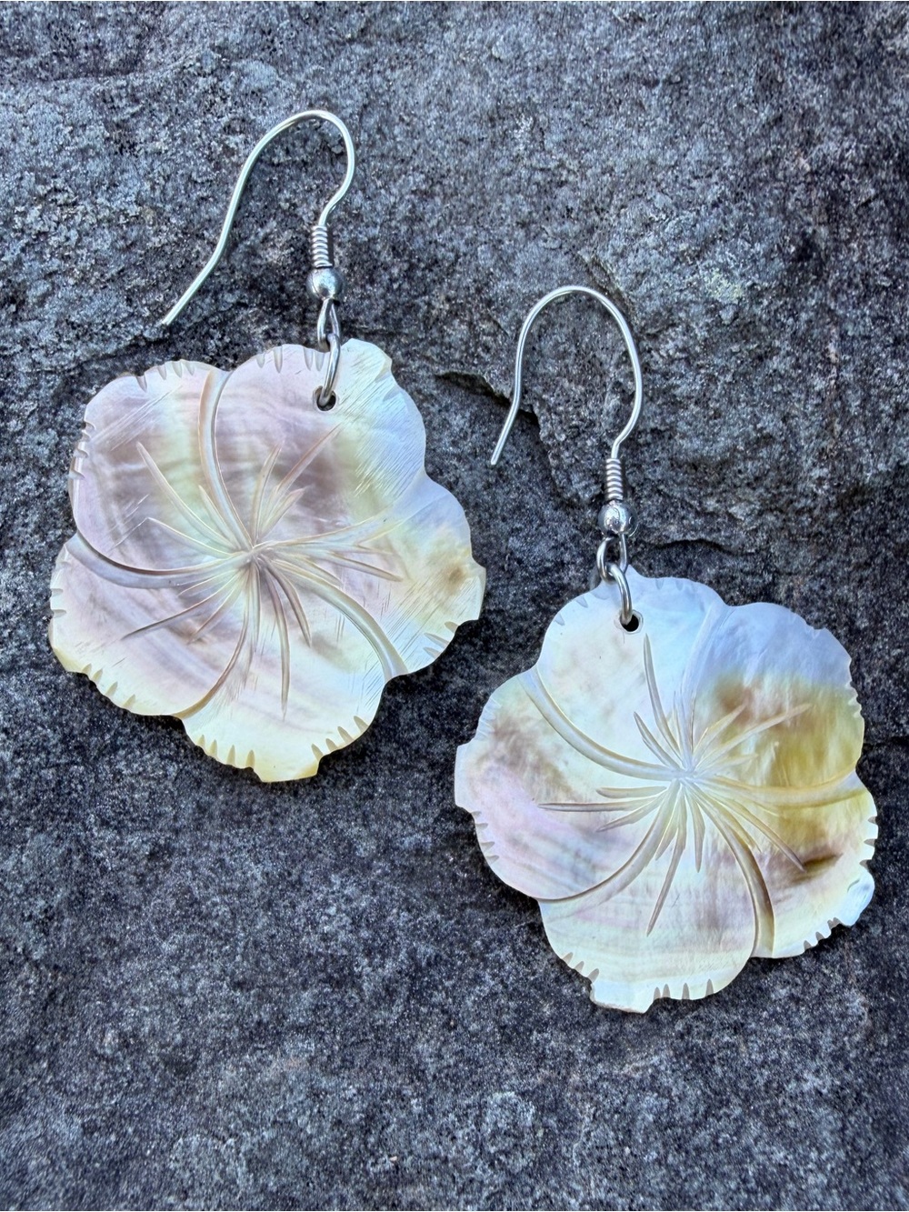 Vintage Iridescent Mother-of-Pearl Abalone Carved Flower Earrings